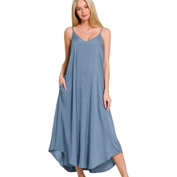 Zenana Woven Arc Hem Cami Dress With Flowy Pockets - Picture 1 of 3